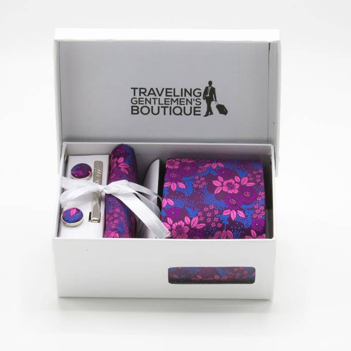 Classic Pink Rose Novelty Men's Tie with Pocket Square, Tie Clip And Cufflinks for wholesale by Traveling Gentlemens Boutique