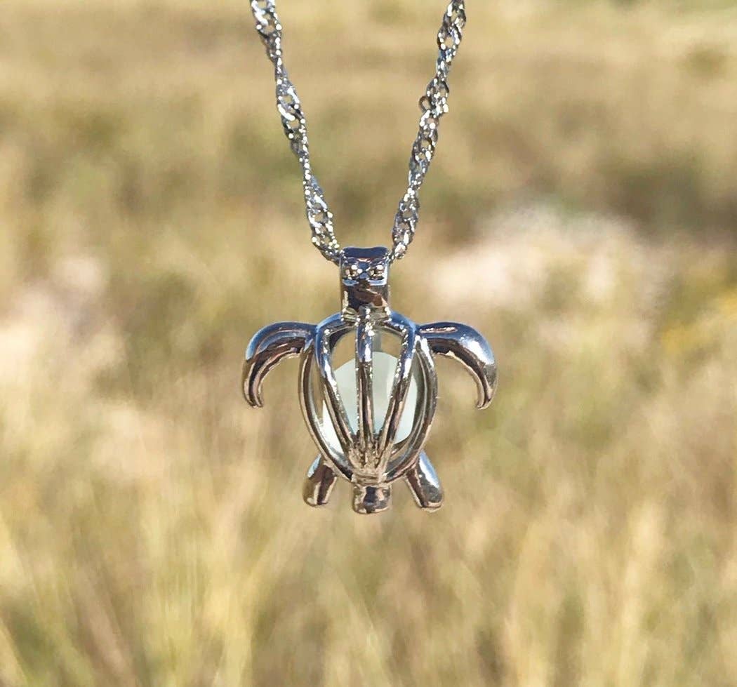 Wave of Life - Wholesale Pendant/Charm Necklace - Sea Glass Turtle Locket Necklace with Sea Glass (20 Inch Chain)1