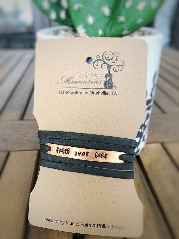 Faith Over Fear Leather Wrap Bracelet for wholesale by Fearless Memories Jewelry