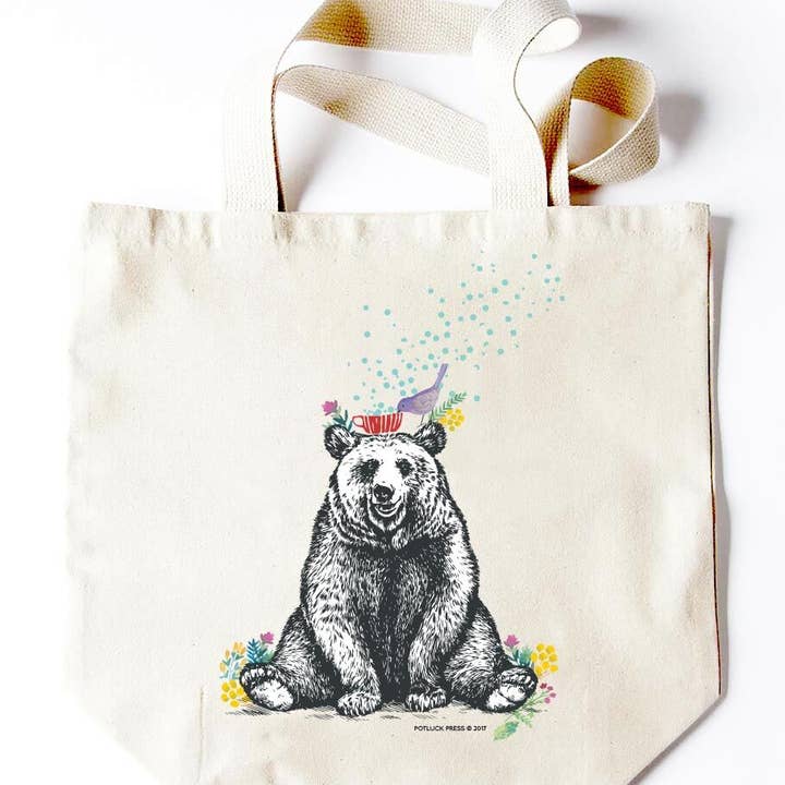 Potluck Press - Wholesale Tote Bag - Unisex - Bear with Cup and Flowers Tote0