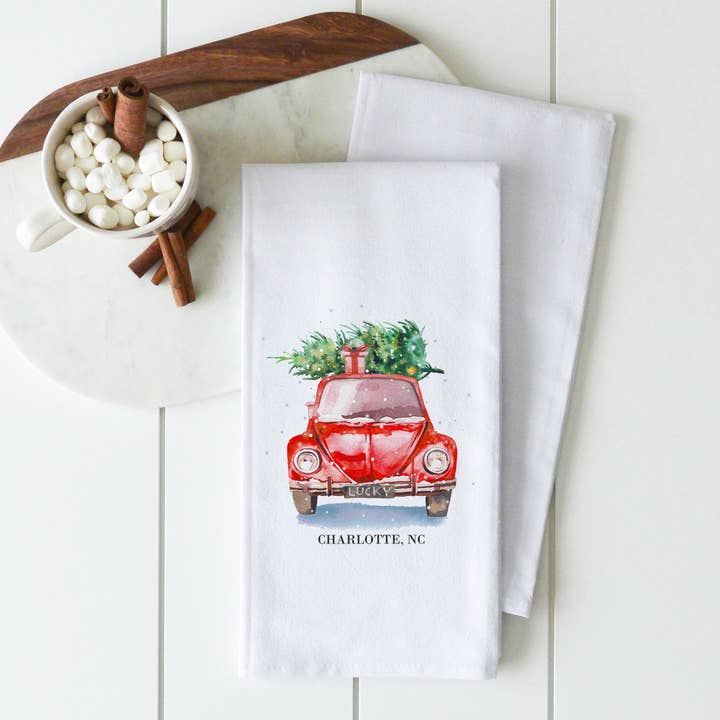 Christmas Car Custom Tea Towel for wholesale by Porter Lane Home