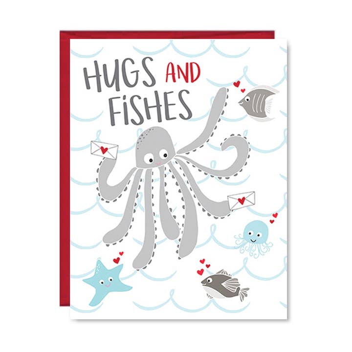 Hugs & Fishes Kids Valentine Card Happy Valentine's Day for wholesale by Pen & Paint
