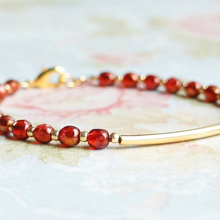 Red Czech Glass Beads And Gold Filled Bar Bracelet for wholesale by Sentimento
