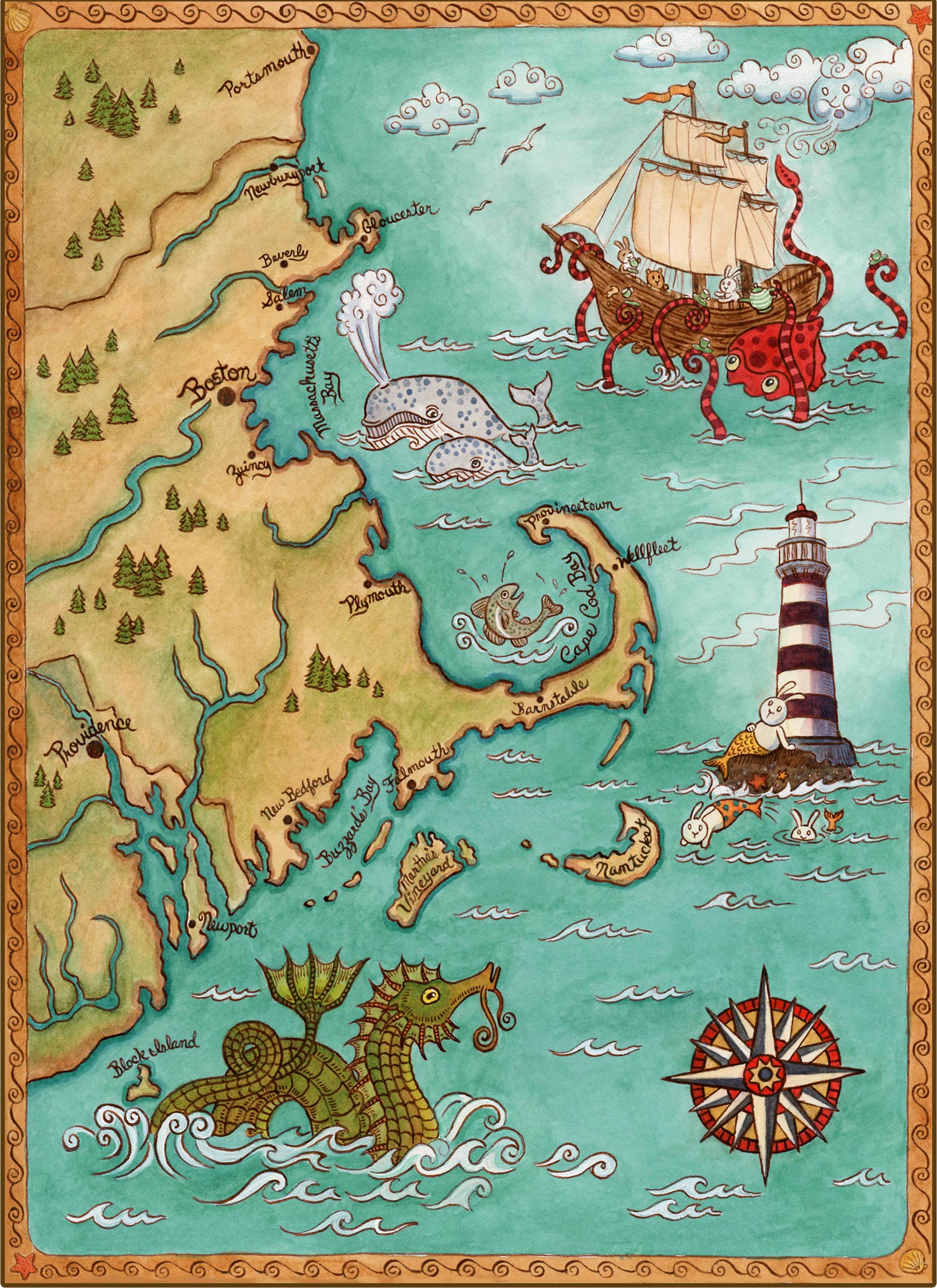 SepiaLepus Illustration - Wholesale Art Print - 16" x 20" New England Coast Map Art Print0