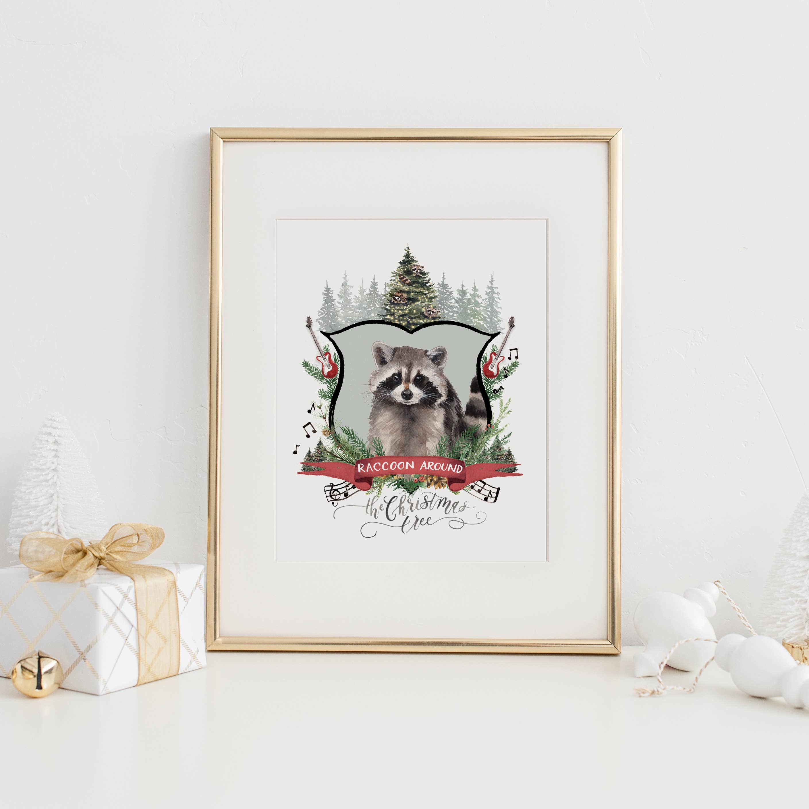 Cami Monet - Wholesale Art Print - Raccoon Around the Christmas Tree Art Print