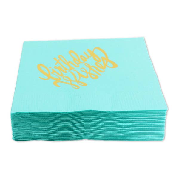 Thimblepress - Wholesale Disposable Napkin - Teal Birthday Wishes Gold Foil Stamped Beverage Napkins1