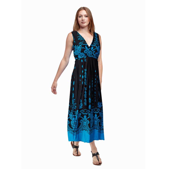 Paisley Border Print Sleeveless Maxi Dress - BLK/ Turquoise for wholesale by La Cera