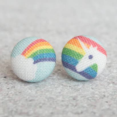 Rainbow Unicorn Fabric Button Earrings for wholesale by Rachel O's