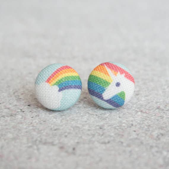 Rainbow Unicorn Fabric Button Earrings for wholesale by Rachel O's