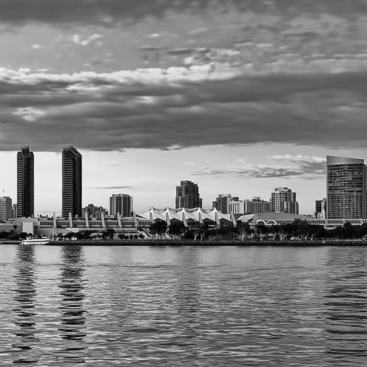 94"x 30" San Diego Skyline B&W Wall Art for wholesale by HolyCowCanvas