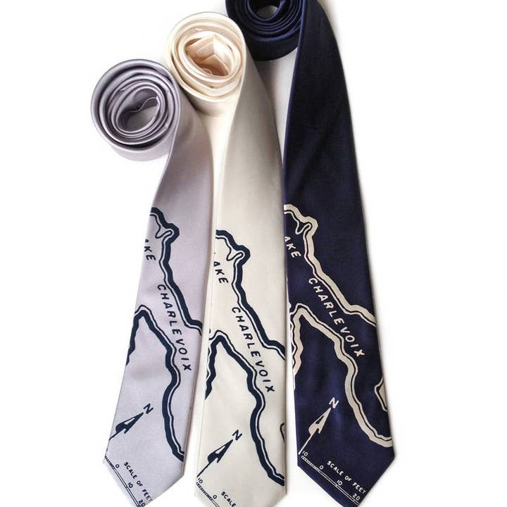 Lake Charlevoix Map Necktie, Microfiber. for wholesale by Cyberoptix Tie Lab