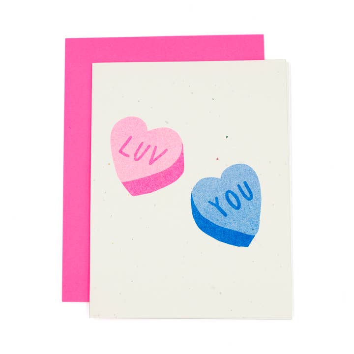 Luv You Candy Hearts Risograph Card for wholesale by These Are Things