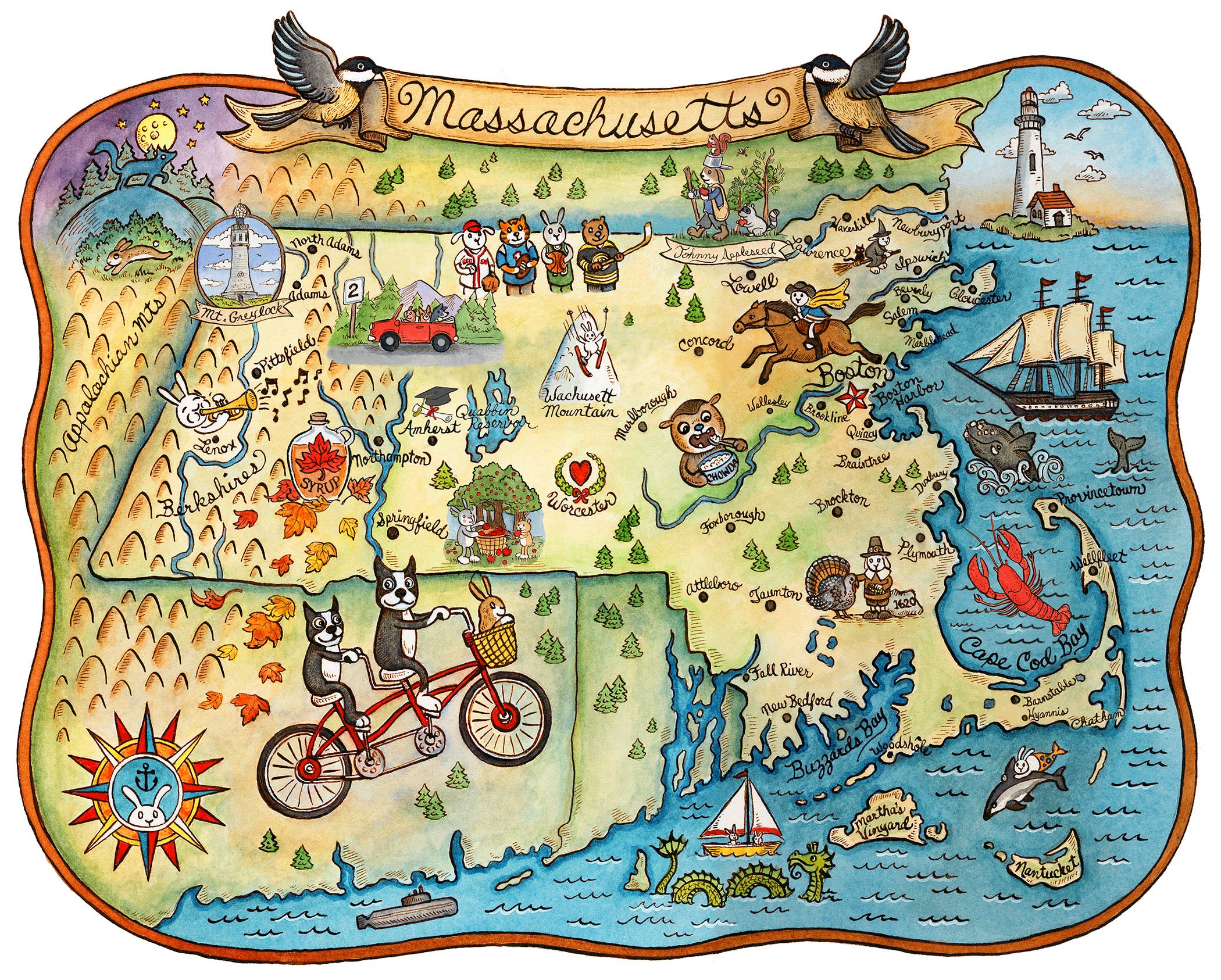 SepiaLepus Illustration - Wholesale Art Print - 8" x 10" Massachusetts Map Art Print0