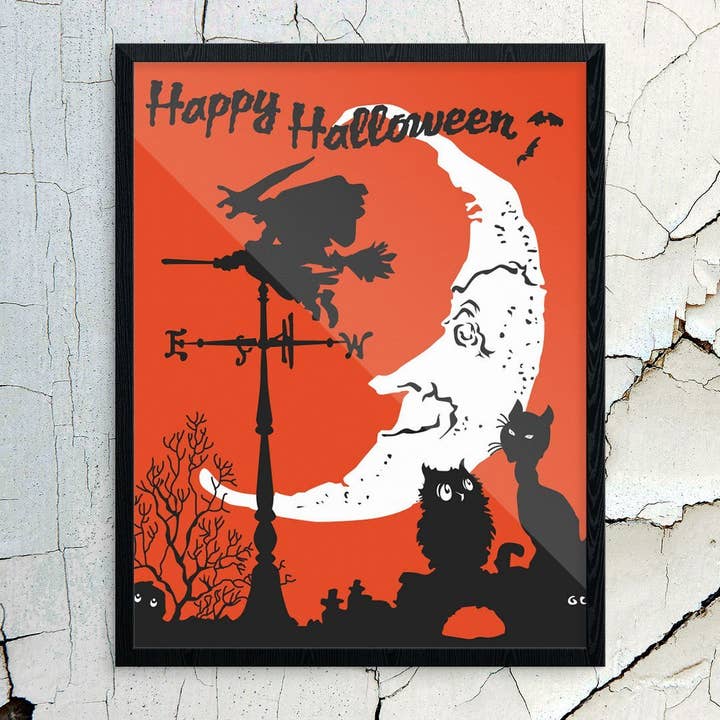 11 „x 14" Happy Halloween Heks & Moon Print voor wholesale door Fridgedoor