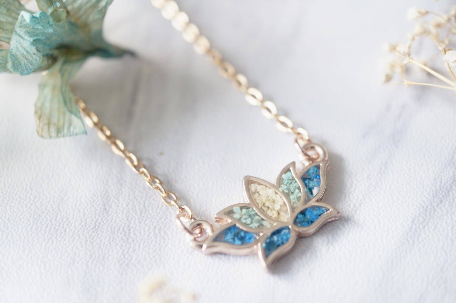 Ann + Joy - Wholesale Pendant/Charm Necklace - Rose Gold Ombre Lotus Flower Real Pressed Flowers and Resin Necklace2
