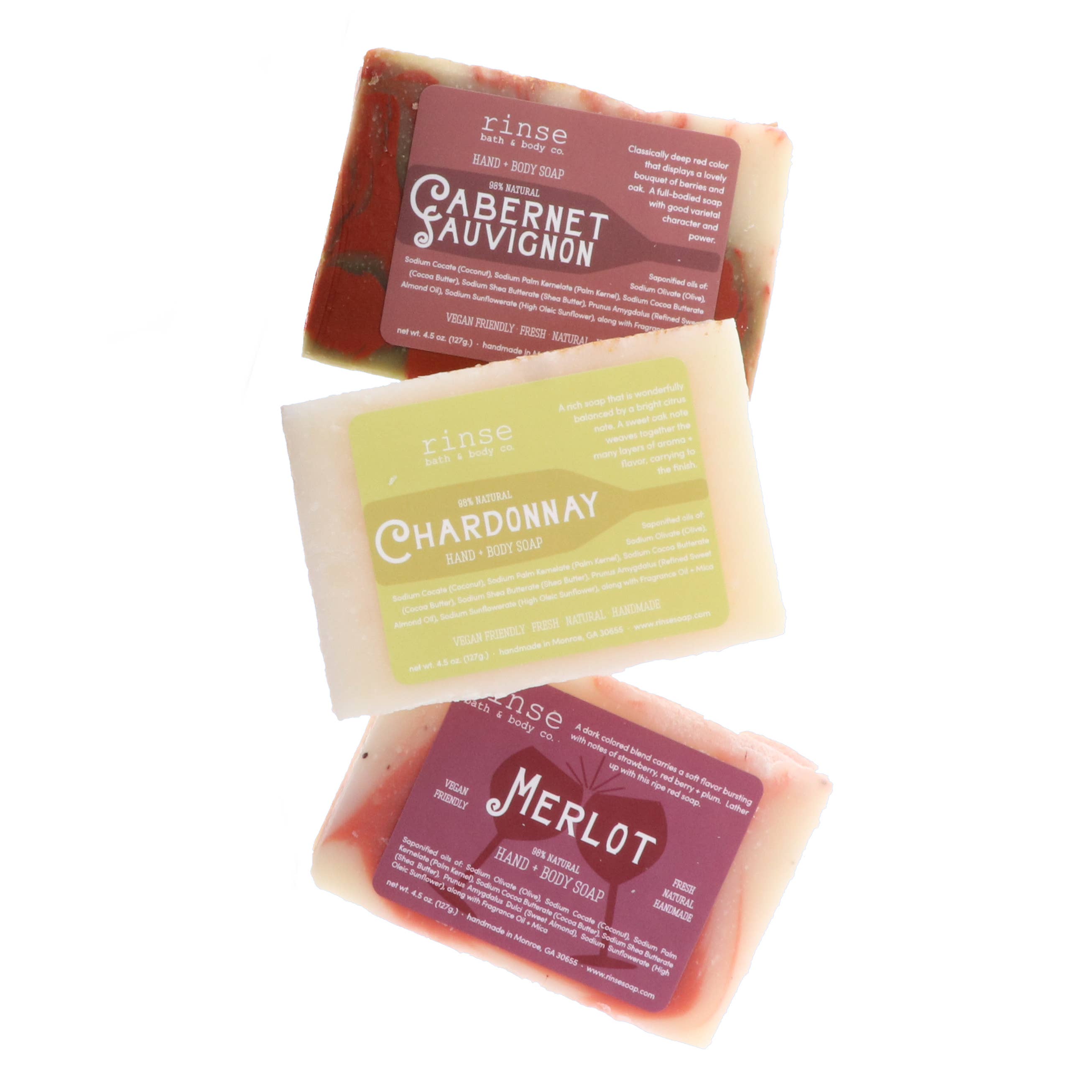 Rinse Bath Body Inc - Wholesale Bar Soap - Wine Soap Trio | 3-Bar Gift Set | Cabernet Merlot Chardonnay3