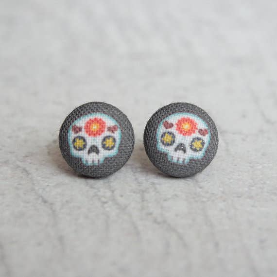 Sugar Skull Fabric Covered Button Earrings for wholesale by Rachel O's