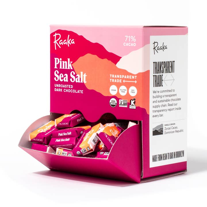 71% Pink Sea Salt Mini Chocolate Bars (100ct box) for wholesale by Raaka Chocolate