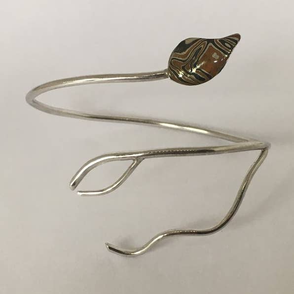 Branching Three Tone Mokume Gane Leaf Rhodium Roots Bracelet for wholesale by LettersToSarah Metalsmithing