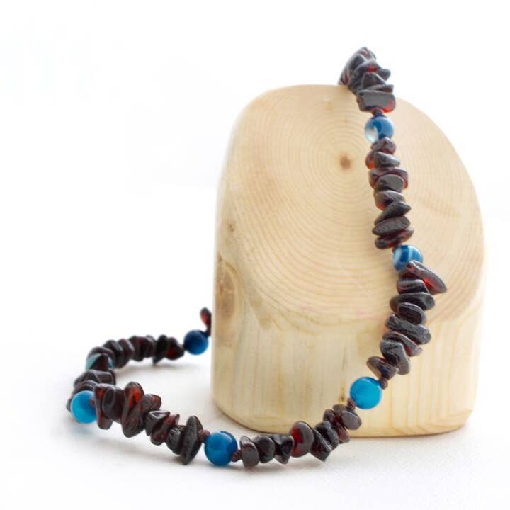 Adult Cherry Baltic Amber Necklace + Blue Agate for wholesale by Beaming Amber Sun, LLC