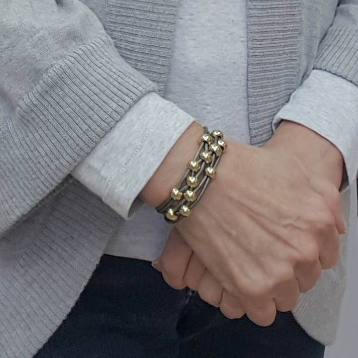 Gray Leather Wrap Magnetic Bracelet with Gold Brass Beads for wholesale by Wrap Your Style