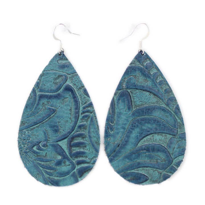 Tooled Blue - The Drop Leather Earrings for wholesale by OneWild