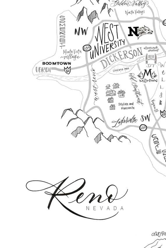 Traveling Calligrapher – Großhandel Kunstdruck – Reno, NV Neighborhood Kartendruck (3 Größen erhältlich)2