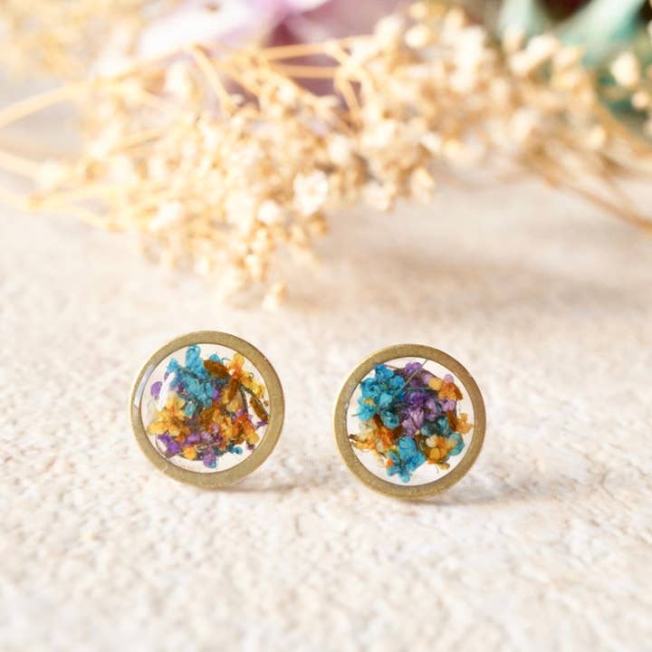 Real Pressed Flowers and Resin Circle Stud Earrings for wholesale by Ann + Joy