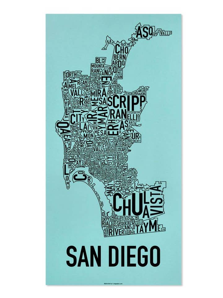 13" x 26" San Diego Neighborhood Map Screen Print for wholesale by Ork Posters