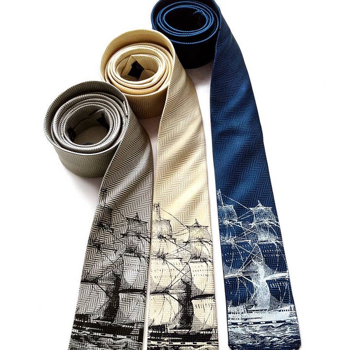 Clipper Ship Necktie. Sailing Ship Herringbone Silk Tie for wholesale by Cyberoptix Tie Lab