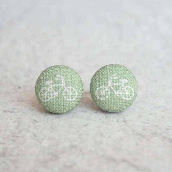 Rachel O's - Wholesale Stud/Post Earrings - Sage Bikes Fabric Button Earrings