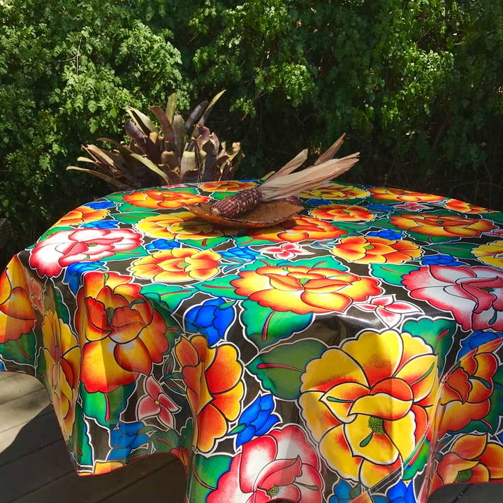 Oilcloth International - Wholesale Tablecloth - Black Tehuana 68" Round Tablecloth