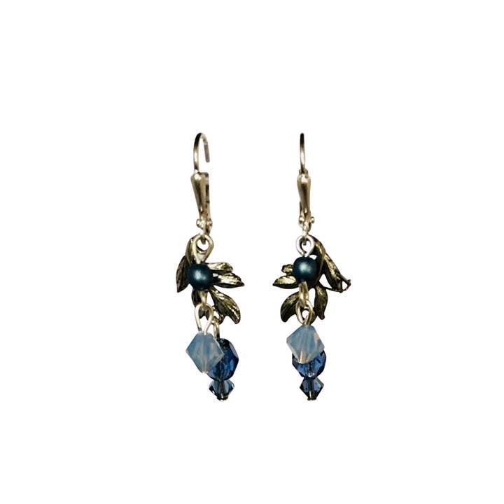 Leaf and Crystal Earrings-denim blue for wholesale by Nancy Neill Designs