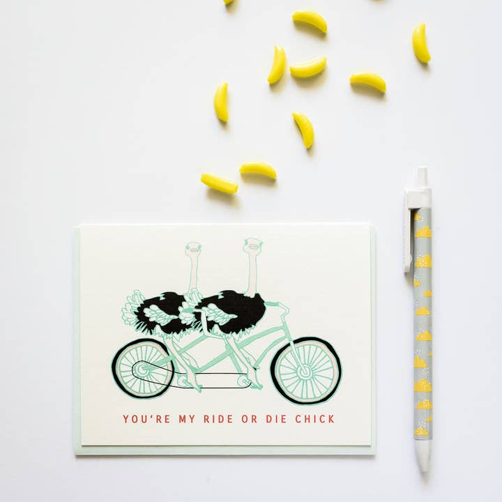 Ride or Die Chick Bike Riding Ostriches Friendship Greeting Card for wholesale by ILOOTPAPERIE
