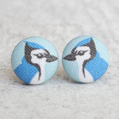 Rachel O's - Wholesale Stud/Post Earrings - Bluejay Fabric Button Earrings0