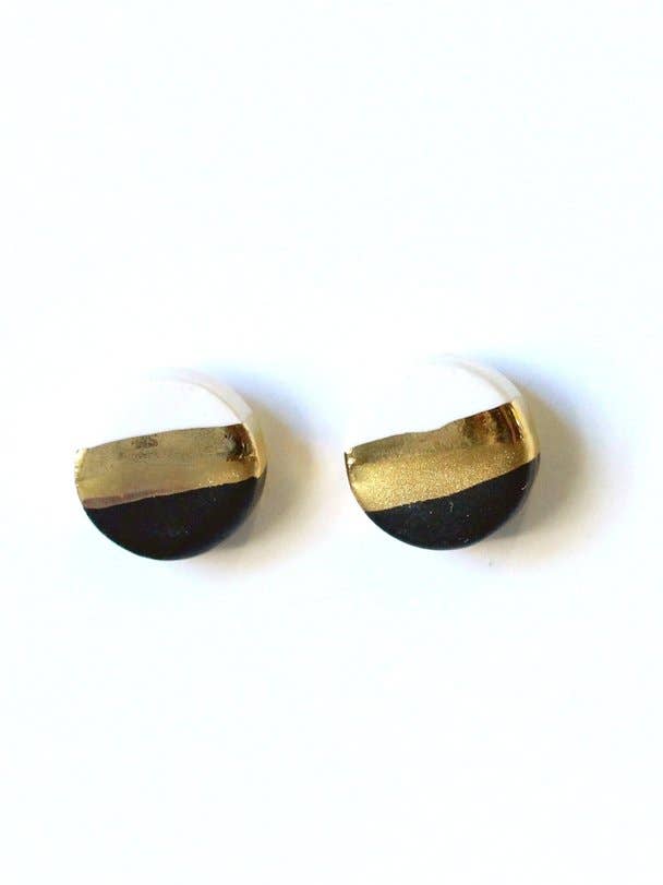 Black & White Circle Studs + Gold Stripe for wholesale by Leslie Ponder Studios