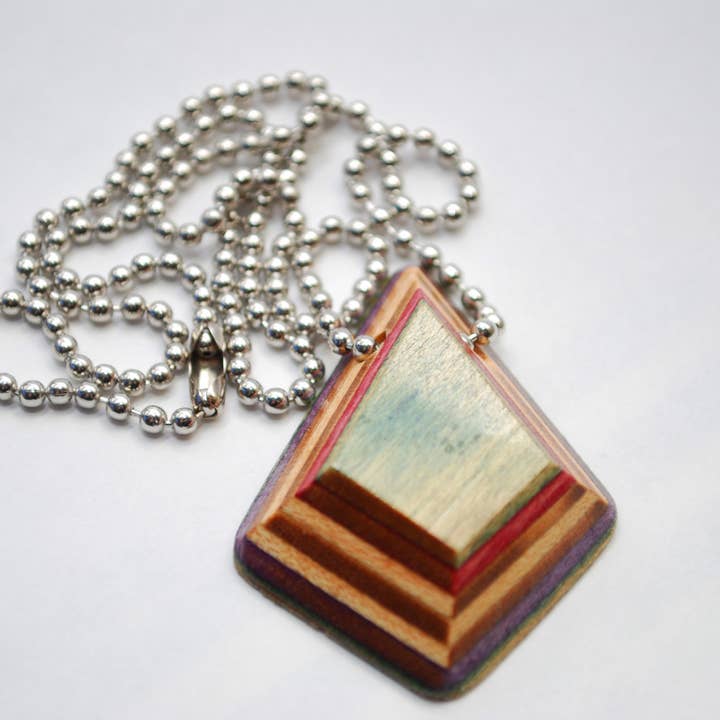 Diamond Recycled Skateboard Pendant Necklace - Upcycled for wholesale by Everskate Skateboard Jewelry