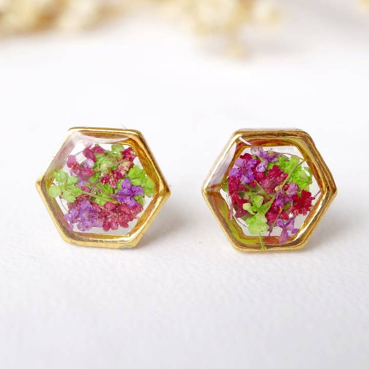 Gold Hexagon Real Dried Flowers and Resin Stud Earrings for wholesale by Ann + Joy