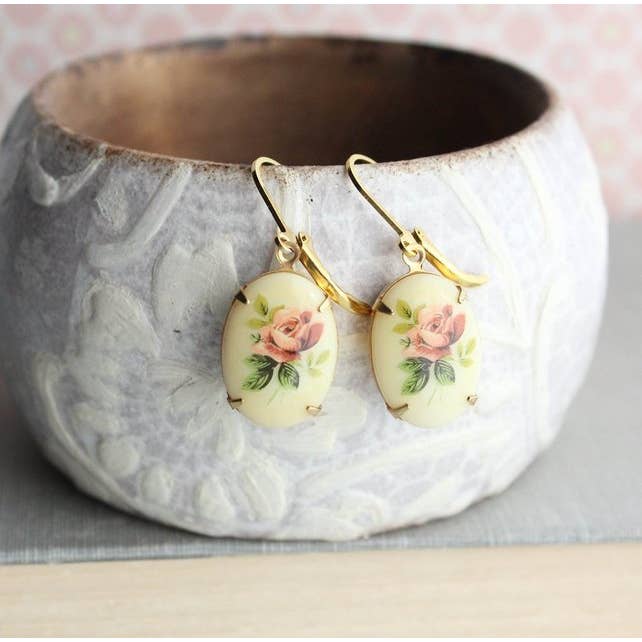 A Pocket of Posies - Wholesale Dangle Earrings - Cameo Drop Earrings - Vintage Style Red Rose