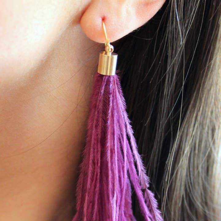 Laalee Jewelry - Wholesale Tassel Earrings - Purple Feather Earrings, Long Fringe Earrings1