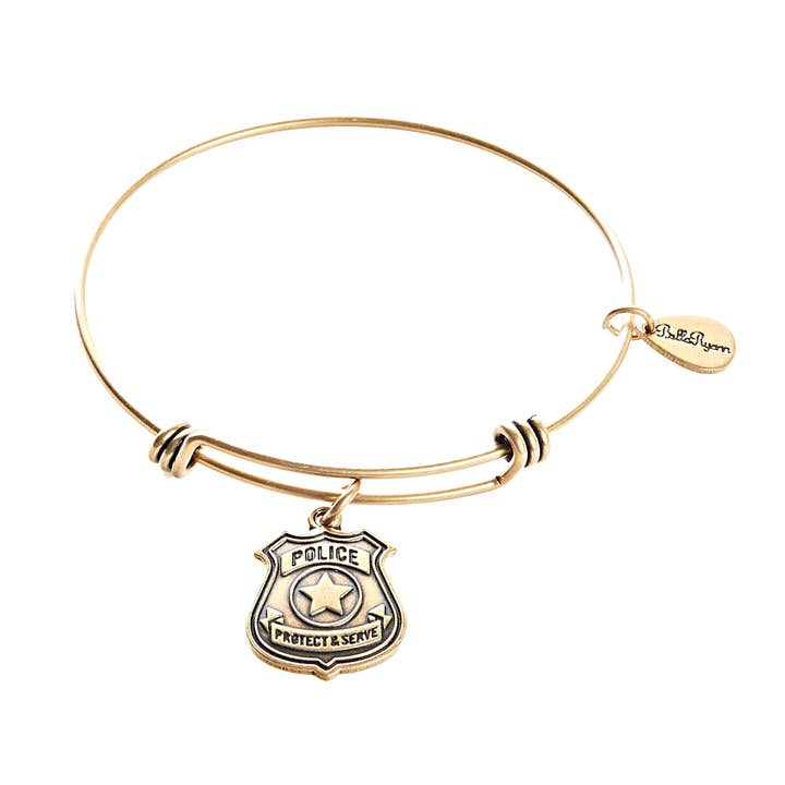Police Badge Expandable Bangle Charm Bracelet in Gold for wholesale by BellaRyann