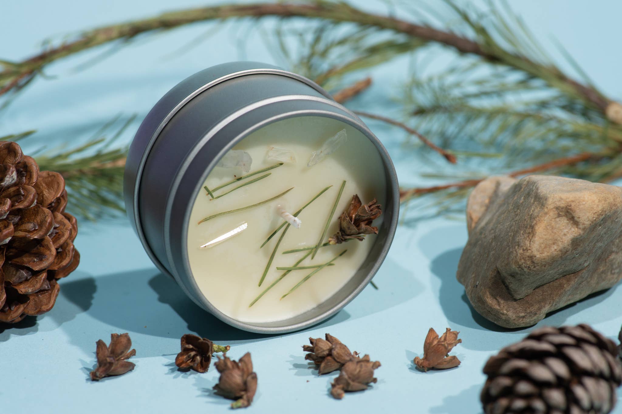 J. Southern Studio - Wholesale Travel Candles - Travel Tin Patchouli & Pine Ritual Candle with crystals and essential oils- 4 oz.5