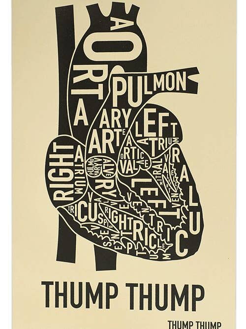 Diagramme d'anatomie typographique en forme de cœur 11 po x 17 po pour la vente par Ork Posters