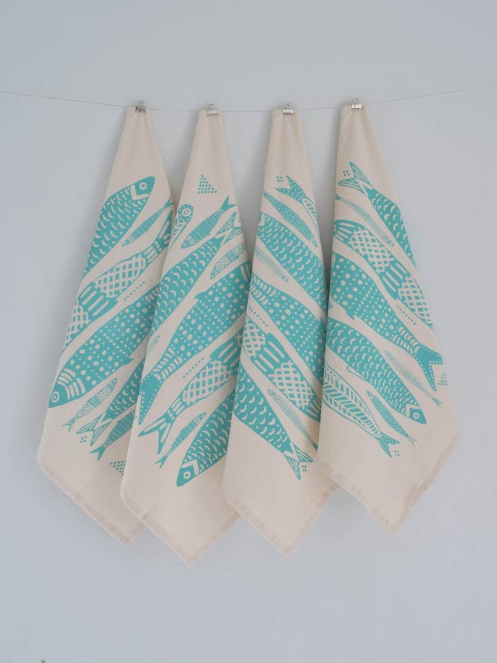 Set of 4 Organic Cotton Sardine Napkins in Mint - Fish Print for wholesale by Hearth and Harrow