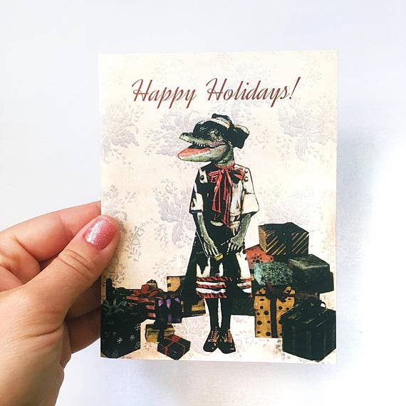 Pergamo Paper Goods - Wholesale Season's Greetings Card - Alligator Holiday Cards - Vintage Style Animal1