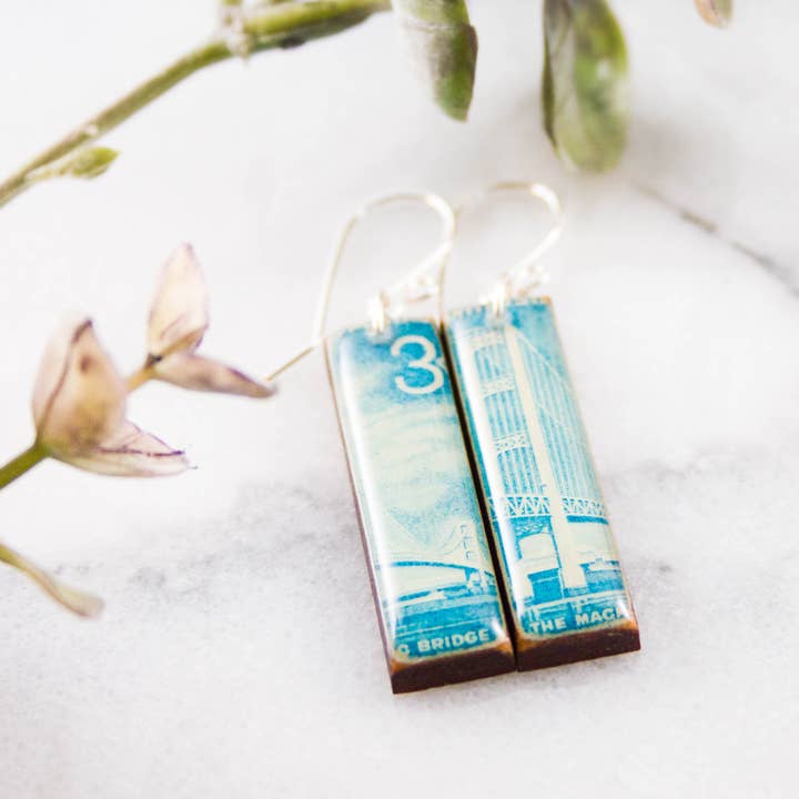 Mackinac Bridge Ohrringe, Vintage-Briefmarke, Vintage-Stil für den Großhandel von No Man's Land