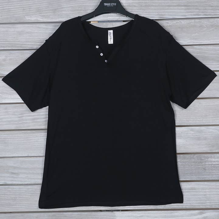 Black M|M Raw Edge Button Henley for wholesale by Mad Man