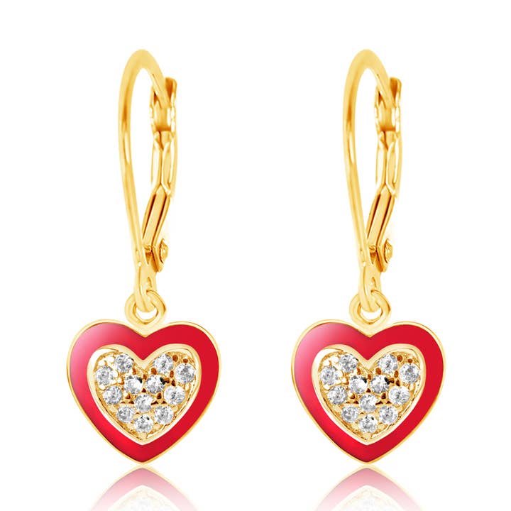 Yellow Gold Tone Crystal Enamel Heart Leverback Earrings for wholesale by Chanteur