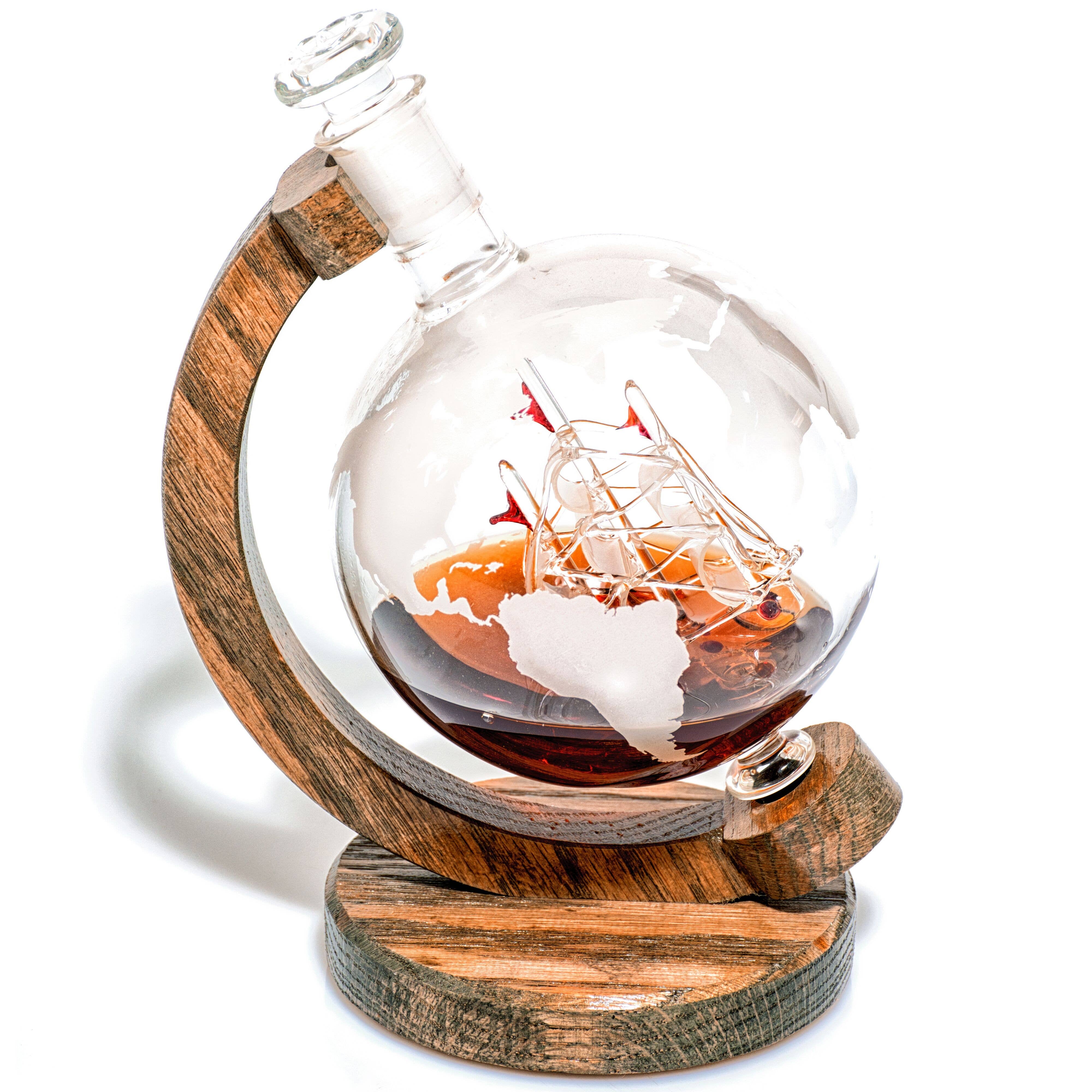 Rum Rye Gift Set with 2 Globe Glasses Vodka Cheer Collection Globe Etched Whiskey Decanter With Interior Hand-Crafted Glass Ship Bourbon Cognac Liquor Decanter for Scotch Tequila Gin 
