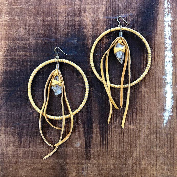 Leather Hoops - Citrine & Gold, Leather & Stone Earrings for wholesale by ASTALI